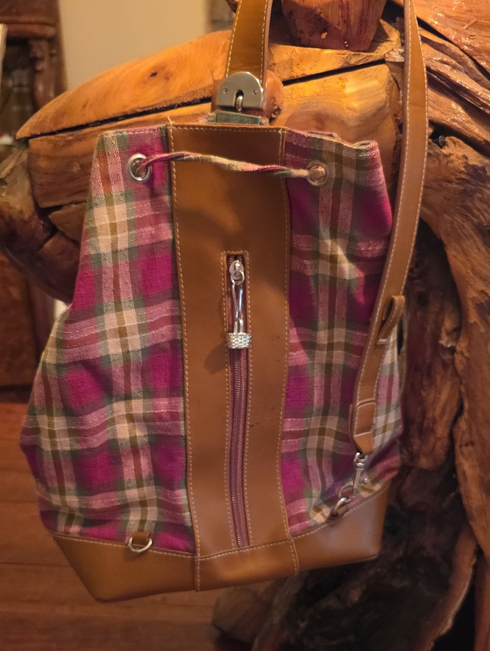 Longaberger Plaid Red, Green and Tan Canvas Drawstring Tote Bag